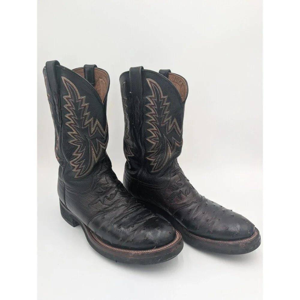 Lucchese 2000 Men 10.5D Black Cherry Ostrich Leather Western Cowboy Roper Boots.
